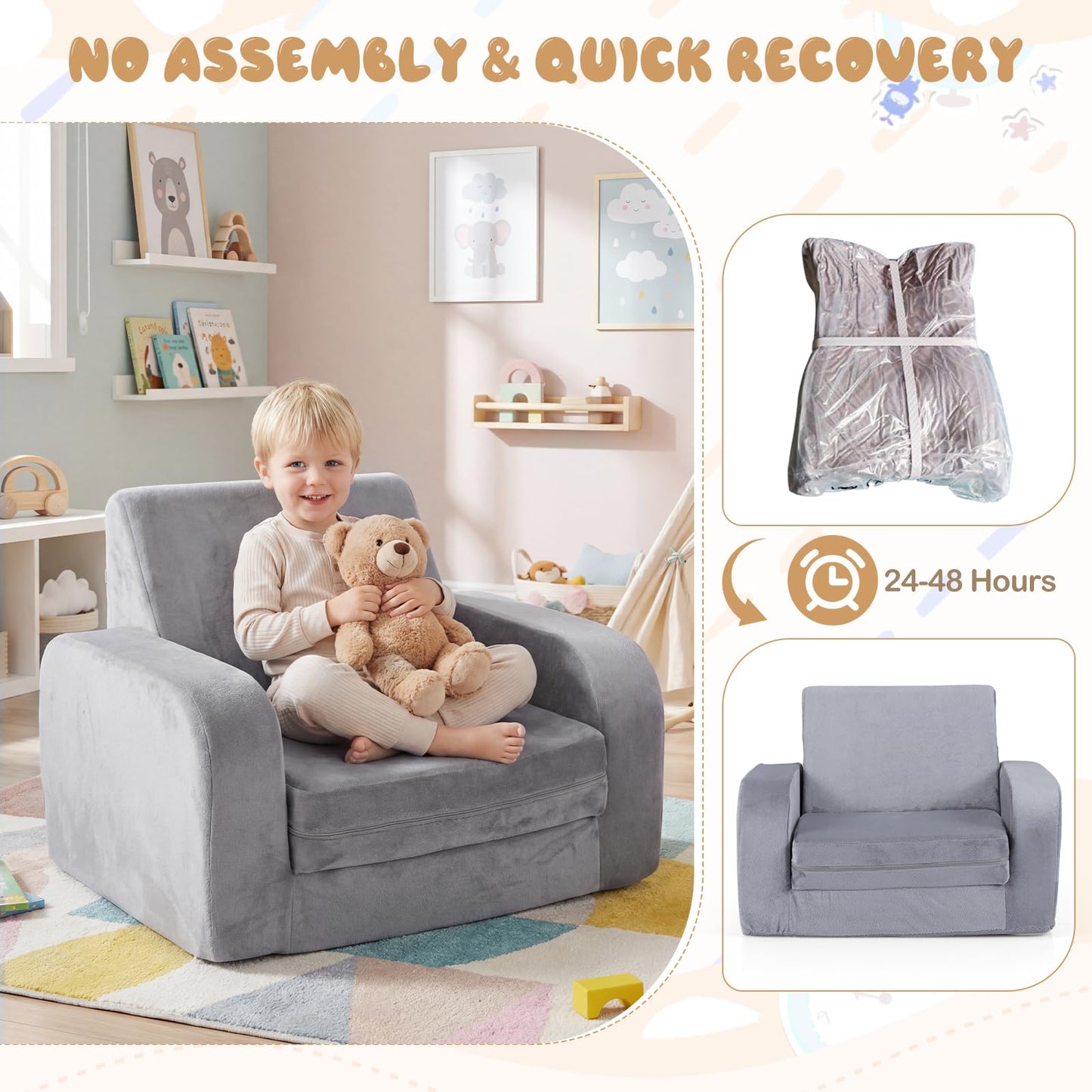 Children's Armchair, 3 in 1 Convertible Fold Out Kids Sofa Bed with Velvet Fabric