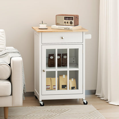 65 CM Kitchen Island Cart Rolling Kitchen Cabinet with Rubber Wood Tabletop