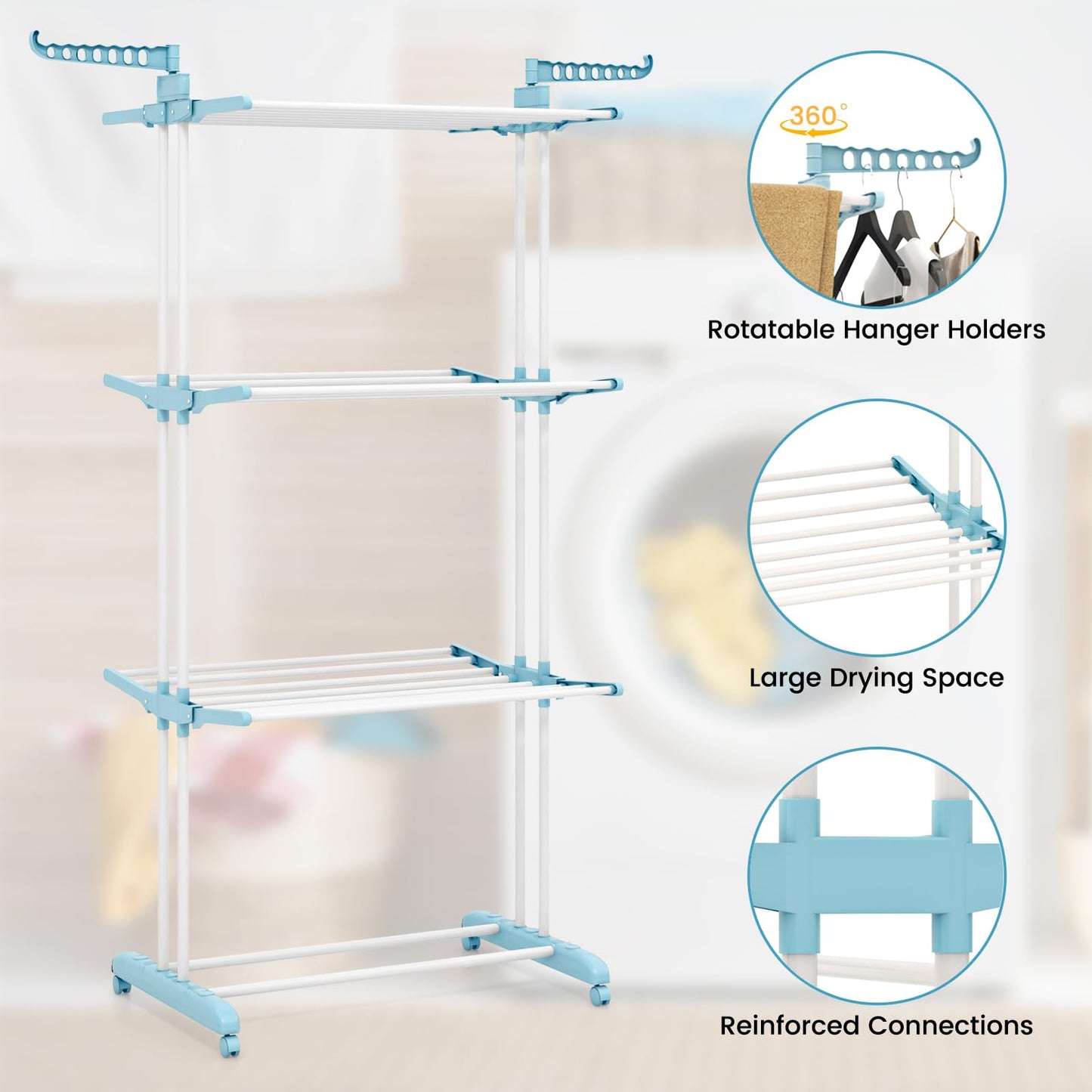 4 Tier Foldable Airer Clothes Drying Rack with Wings and Casters