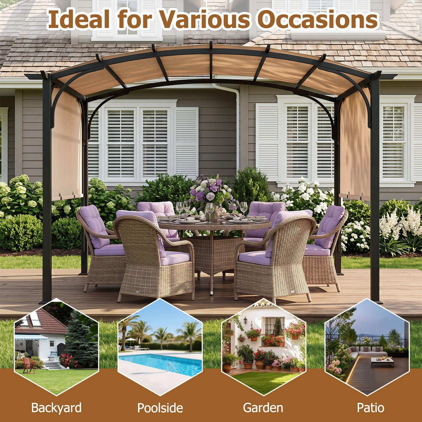 Retractable Pergola, Large Garden Pergola with Sun Shade Canopy, Outdoor Arched Patio Shelter
