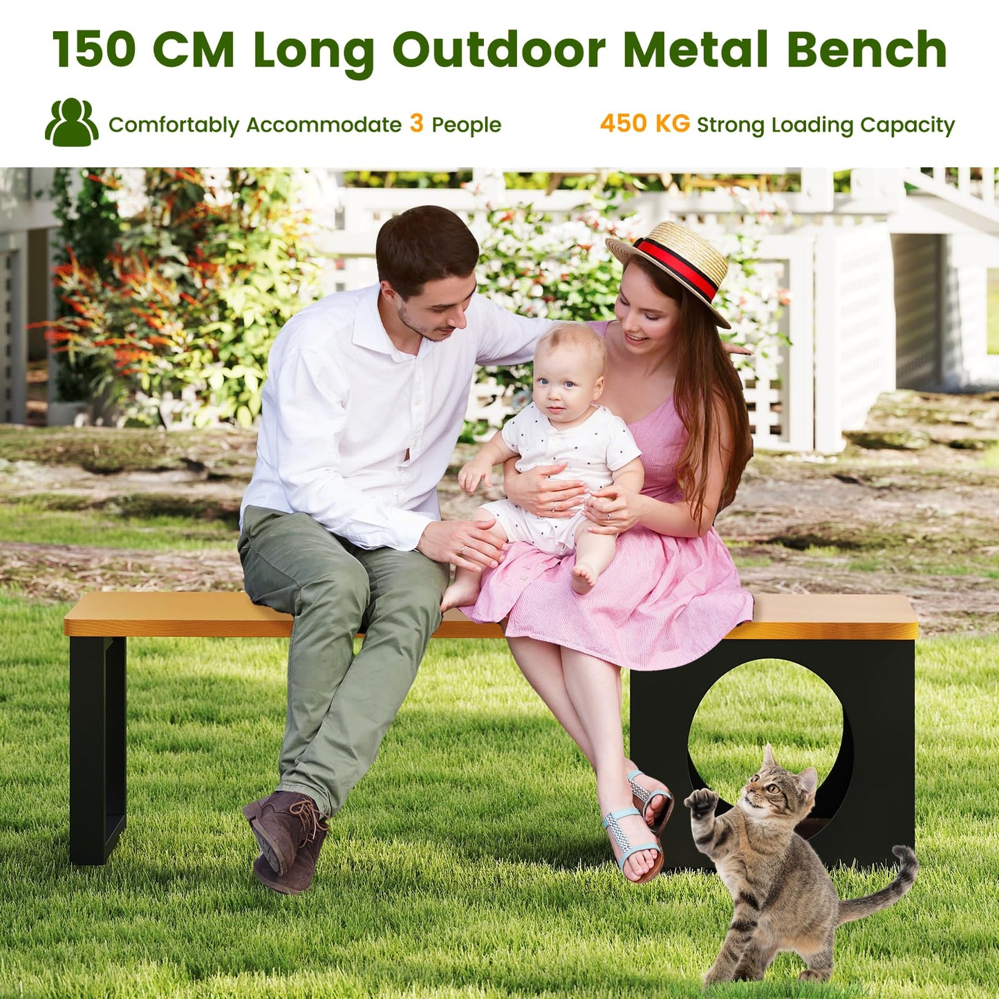150 CM 3-Person Long Outdoor Metal Bench with Cat House and Scratching Pad