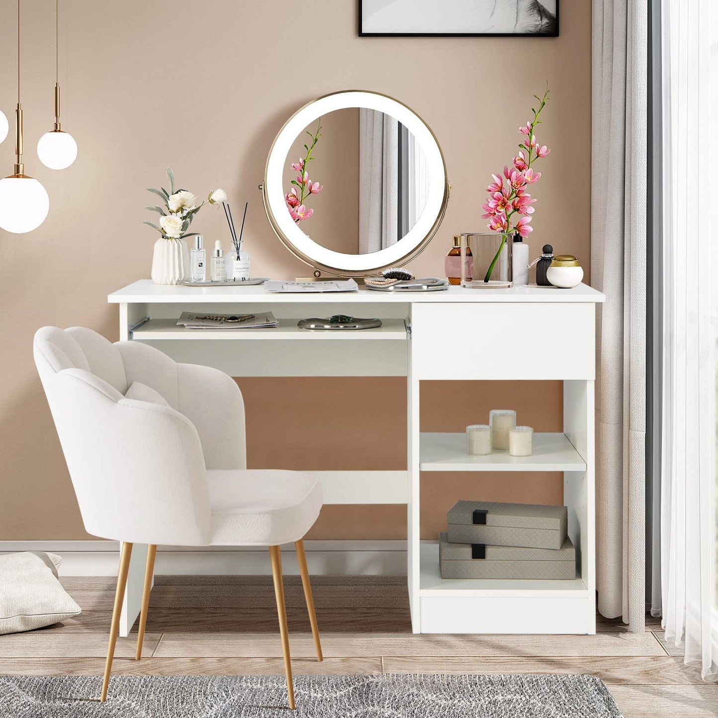 Wooden Computer Desk with Pull-out Keyboard Tray and Adjustable Storage Shelves