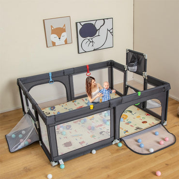 Toddler Mesh Play Pen with Mat, Pull Rings