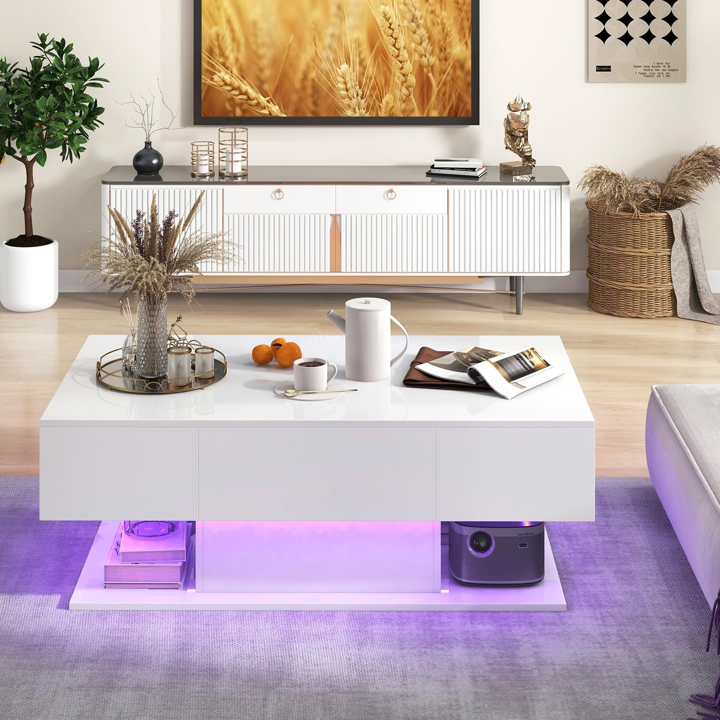 LED Coffee Table with 2 Drawers and Remote Control