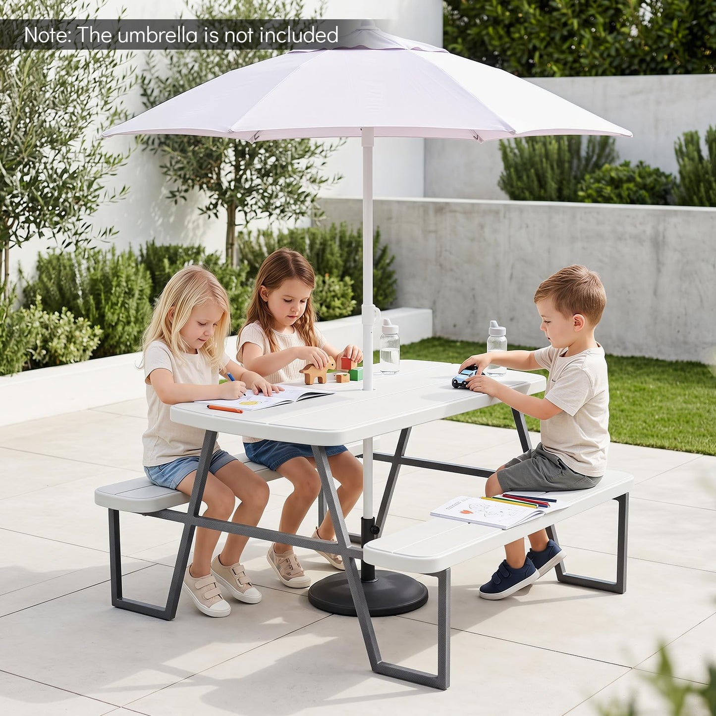 Camping Table and Chairs with Umbrella Hole and Metal Frame for Boys Girls Ages 3-8