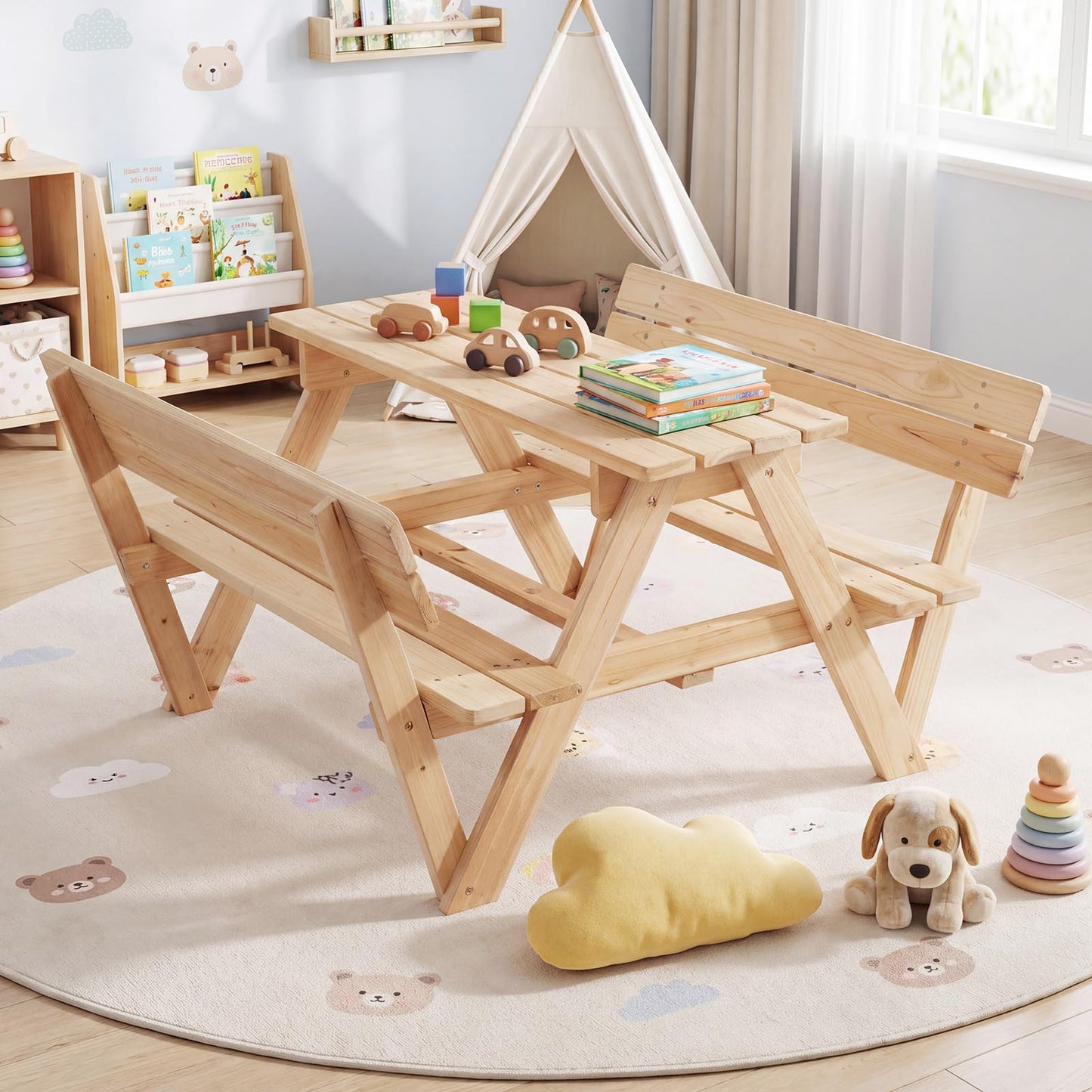 Kids Picnic Table Bench Set, Children 4 Seat Activity Play Table with Removable & Folding Umbrella