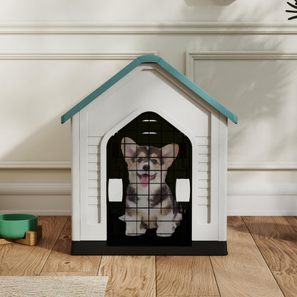 Plastic Dog House, Indoor Outdoor Pet Shelter with Metal Lockable Door