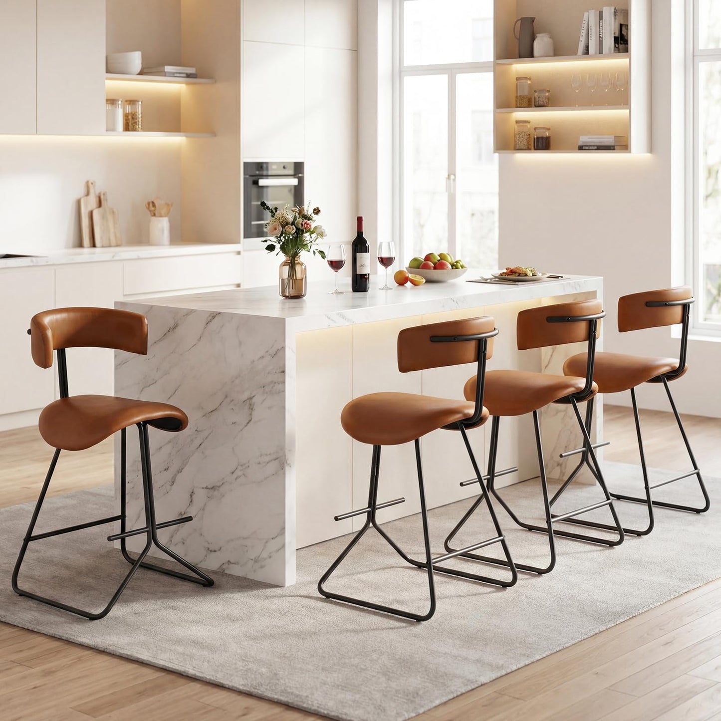 Bar Stools Set of 2, Fabric/PU Leather Upholstered Bar Chairs with Curved Back