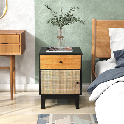 Modern Rattan Nightstand with Storage Drawer and Cabinet