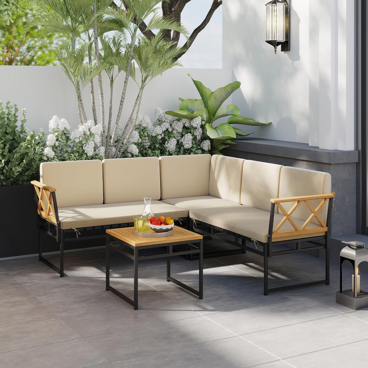 4 Piece Patio L-Shaped Sofa Set Acacia Wood Metal Sectional Sofa Set