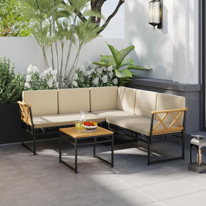 4 Piece Patio L-Shaped Sofa Set Acacia Wood Metal Sectional Sofa Set