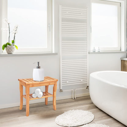 2-Tier Slatted Spa Bath Stool Shower Seat with Storage Shelf and Non-Slip Feet