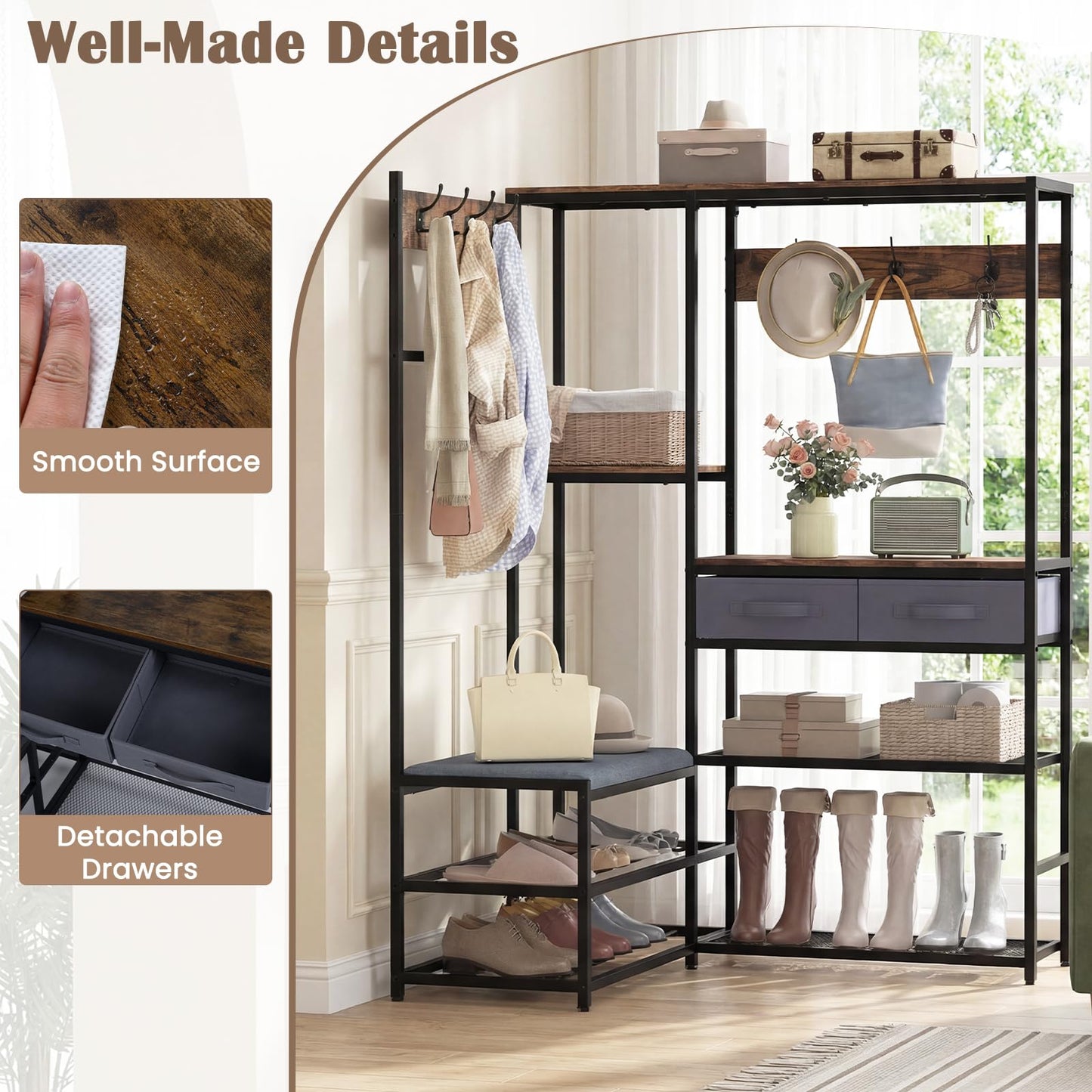 Corner Hall Tree, Coat Rack Stand with Shoe Storage Bench, Shelves