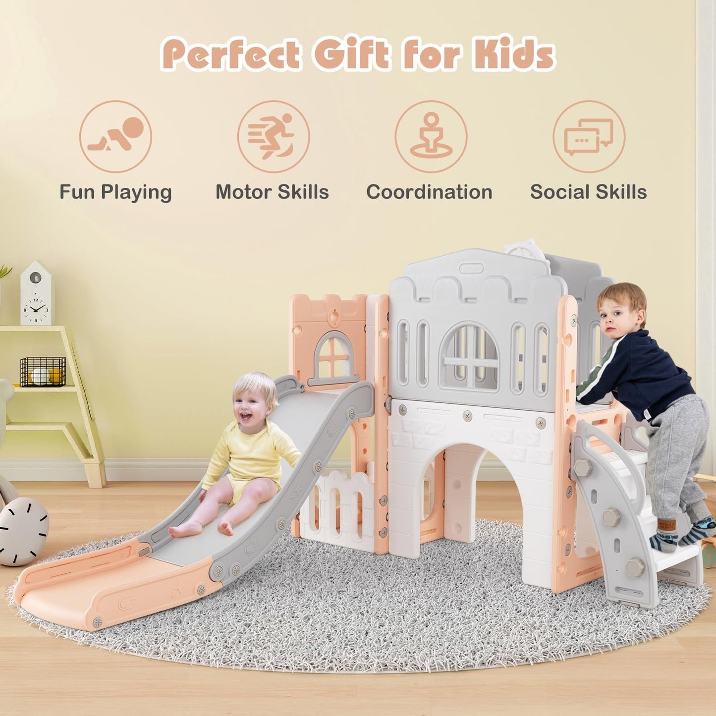 9 in 1 Toddler Slide L Shaped Kids Slide and Climber Playset with Basketball Hoop