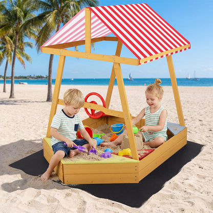 Wooden Kids Sandpit, Ship-Shaped Sandbox Sand Boat with Canopy, 4 Corner Seats