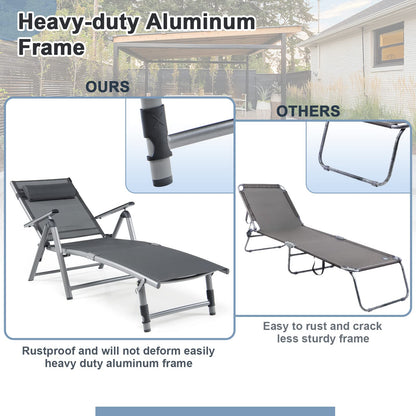 8 Positions Adjustable Garden Chaise Lounge Sunbed with 2-Level Foldable Legs and Pillow