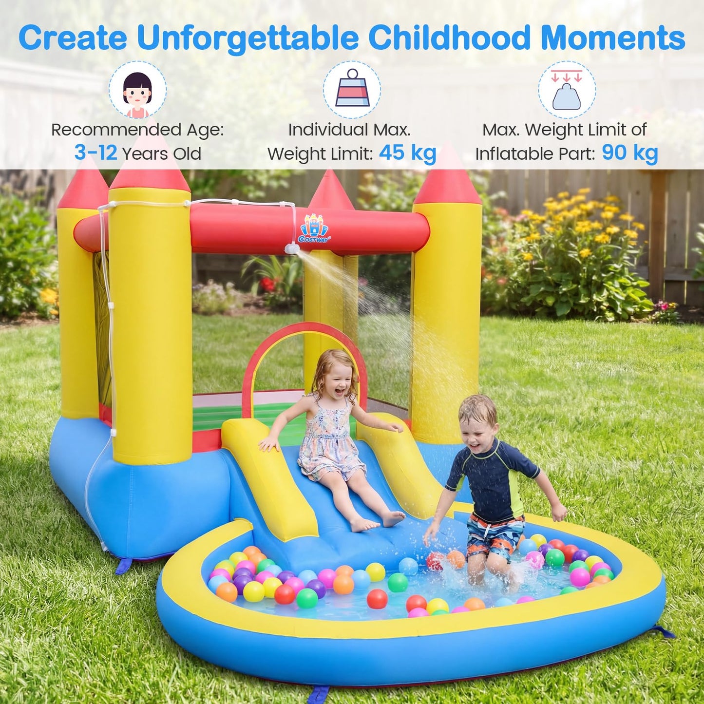 Inflatable Bounce House, Kids Water Park Wet Dry with Splash Pool, Water Slide