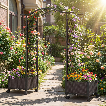 Garden Planter with Trellis & Roof, Self-Watering Raised Garden bed on Lockable Wheels