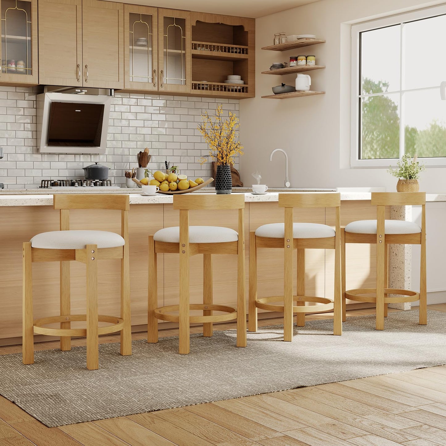 62CM Teddy Velvet Upholstered Bar Chairs Set of 2 with Backrests and Footrests