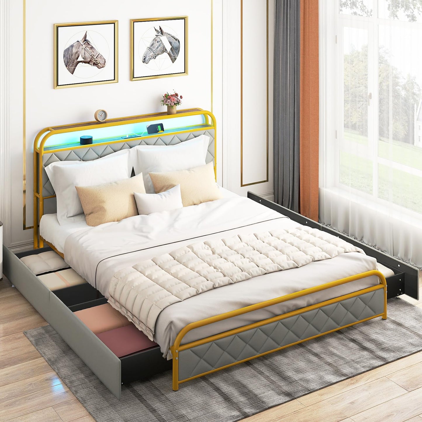 5FT King Size Bed Frame with RGB LED Lights, Charging Station