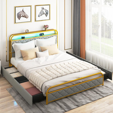 5FT King Size Bed Frame with RGB LED Lights, Charging Station