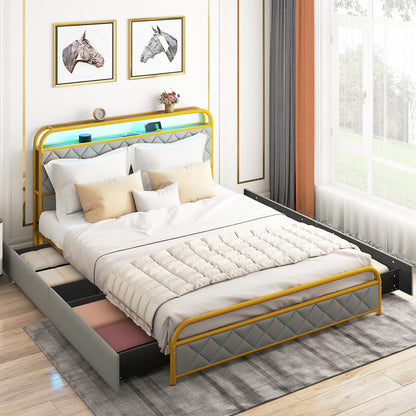 5FT King Size Bed Frame with RGB LED Lights, Charging Station