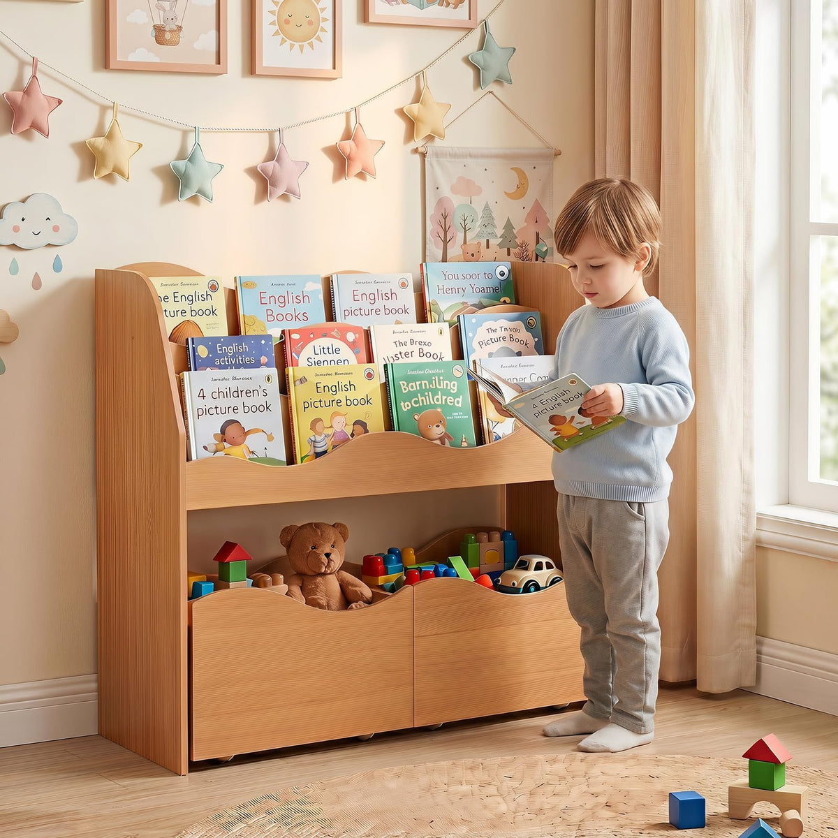 Kids Bookshelf, Storage Organizer with 2 Rolling Drawers