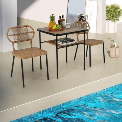 Outdoor Dining Table with 2 Varied-Size Stackable Rattan Chairs & Shelf