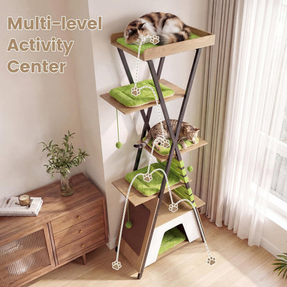 Multi-level Cat Tree, 185CM Wooden Cat Tower with Elevated Perch