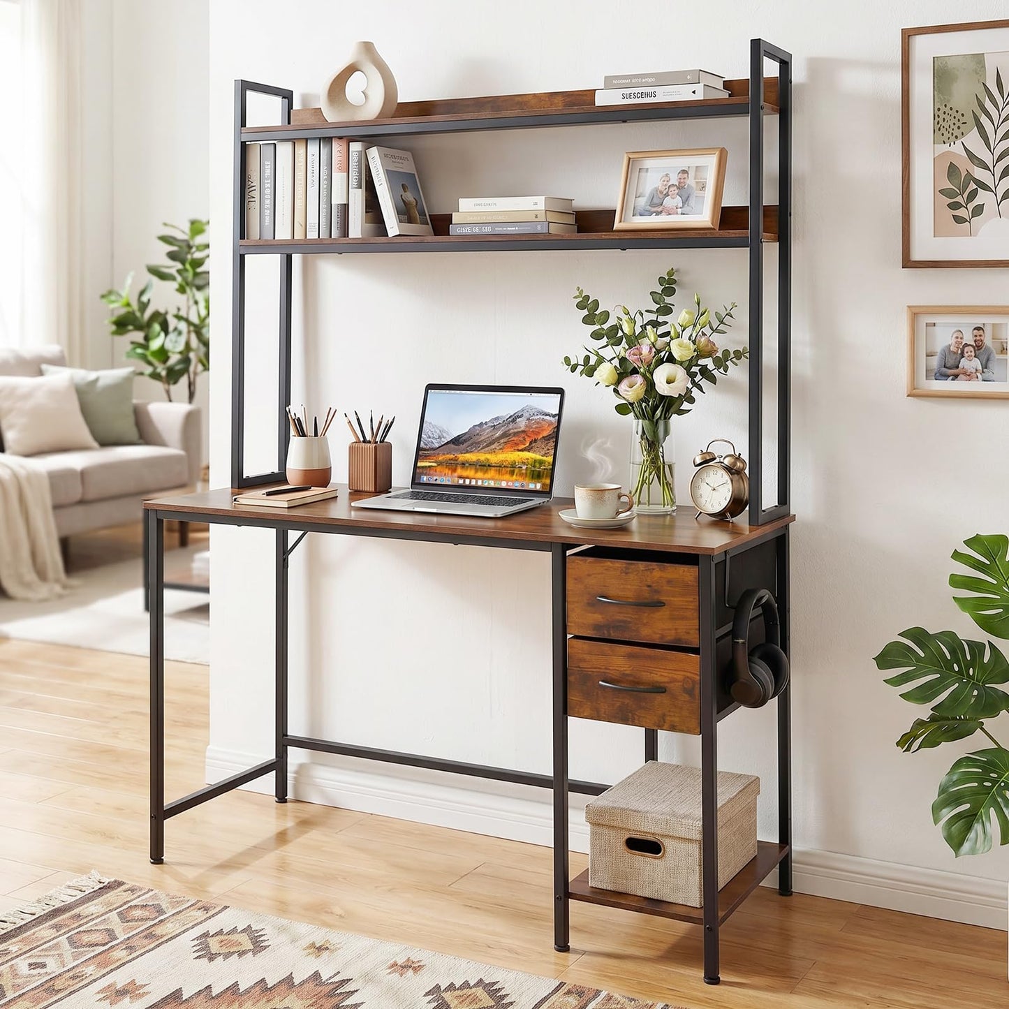 Computer Desk with Hutch, Reversible Executive Writing Workstation PC Laptop Table