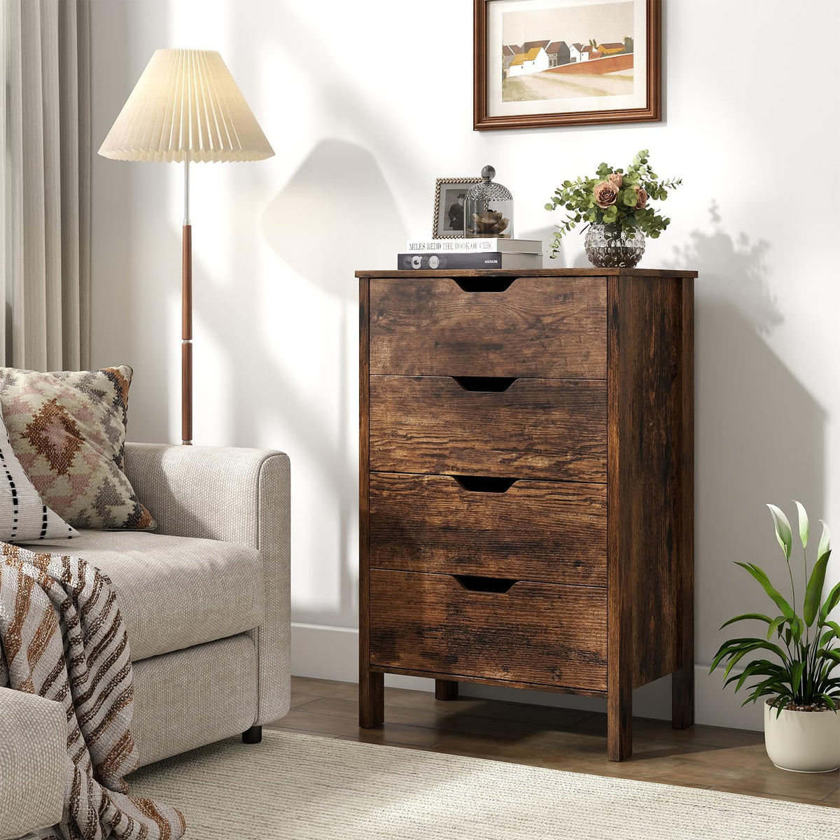 4-Drawer Wooden Tall Utility Storage Dresser with Anti-Toppling Kits for Bedroom
