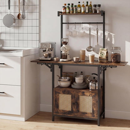 Kitchen Bakers Rack with Drop Leaf, Power Outlet & Rattan Doors