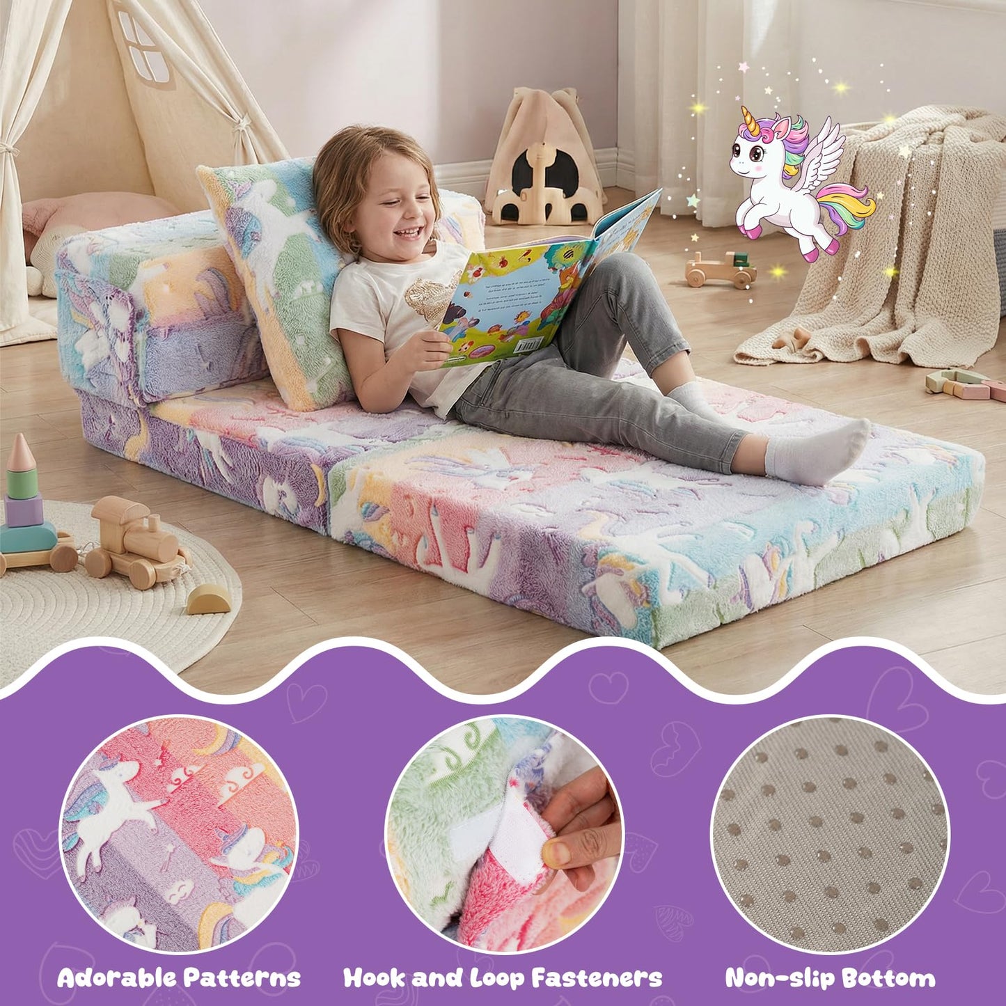 Glow In the Dark Kids Couch with Washable Zippered Covers and Extra Pillow