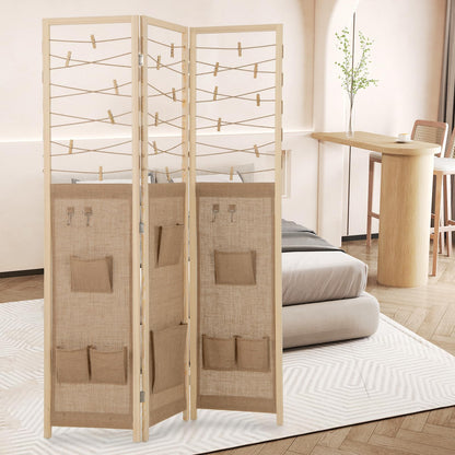 3 Panel Folding Room Divider with 8 Pockets