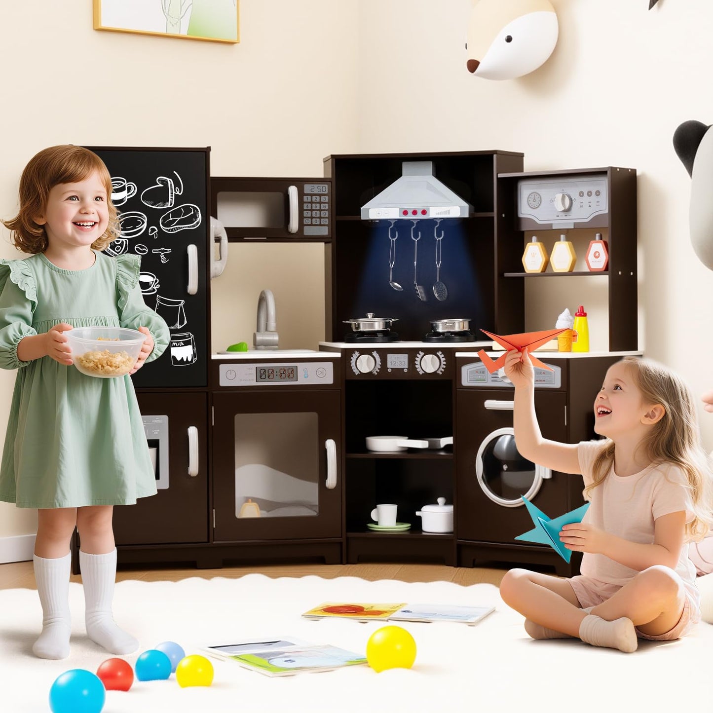 Corner Wooden Play Kitchen with Lights Sounds Toy Kitchen Playset