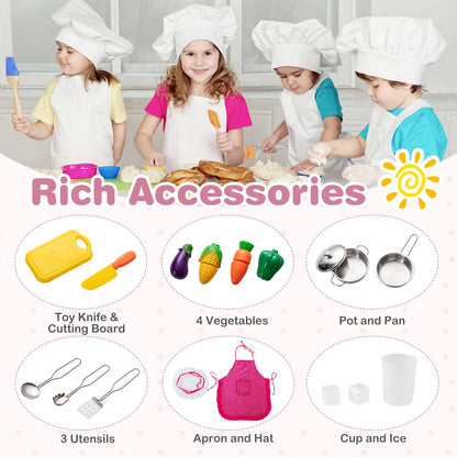 Kids Kitchen Playset Pretend Wooden Play Kitchen with Apron for 3+ Years Old