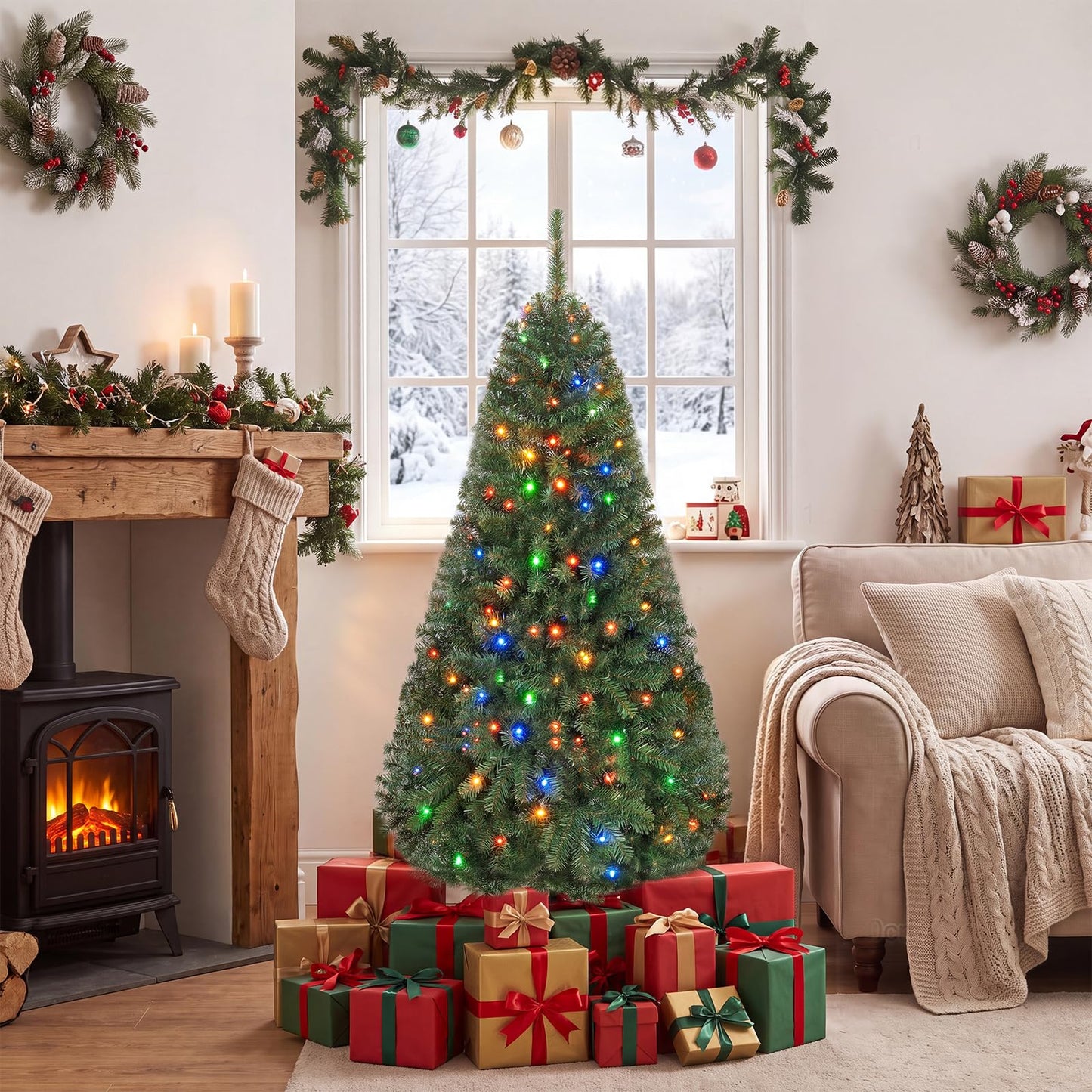 5FT Pre-Lit Artificial Christmas Tree, Hinged Xmas Tree