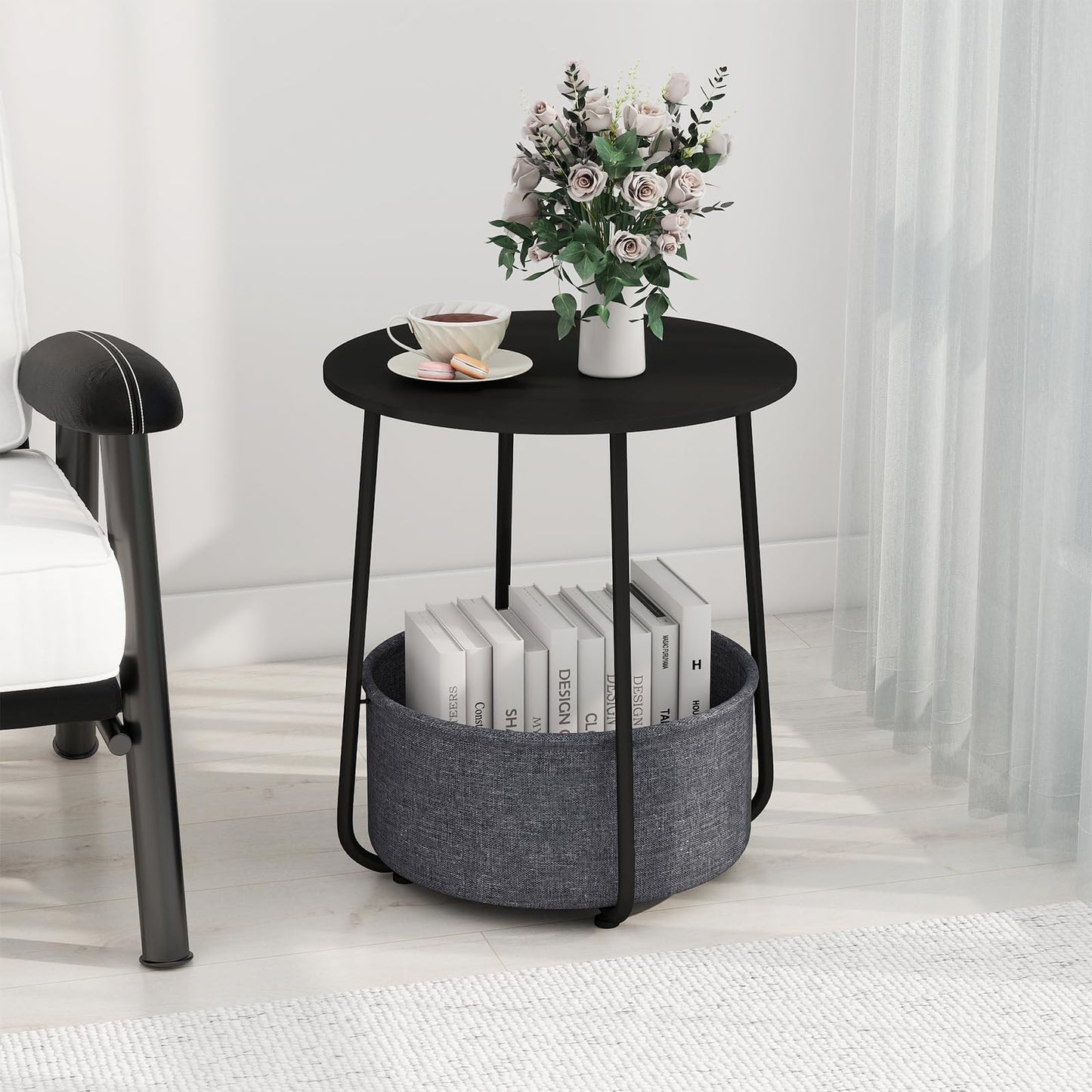 2-Tier End Table with Fabric Storage Basket and Metal Frame