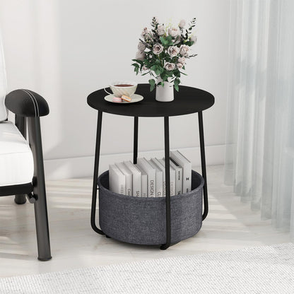 2-Tier End Table with Fabric Storage Basket and Metal Frame
