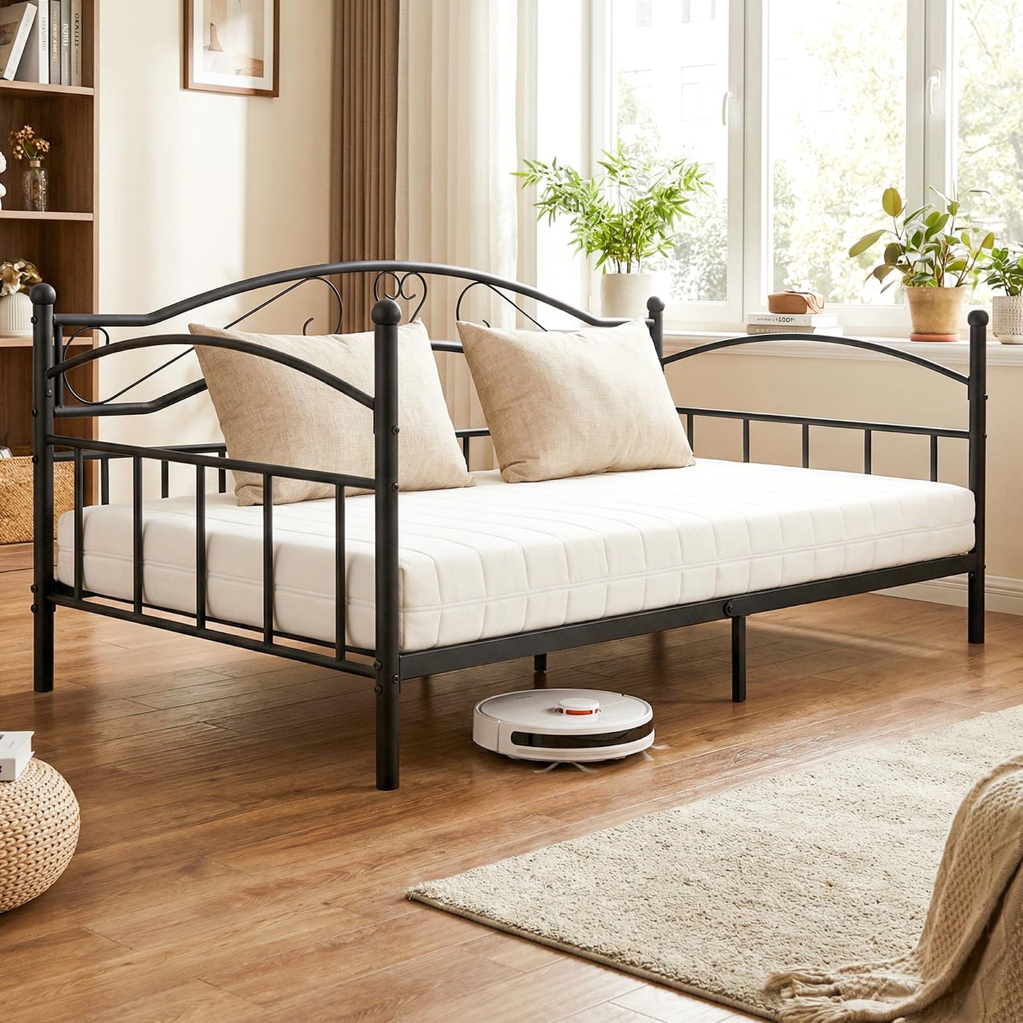 Metal Day Bed Frame, 3FT Single Sofa Bed Base Guest Platform Daybed with Headboard