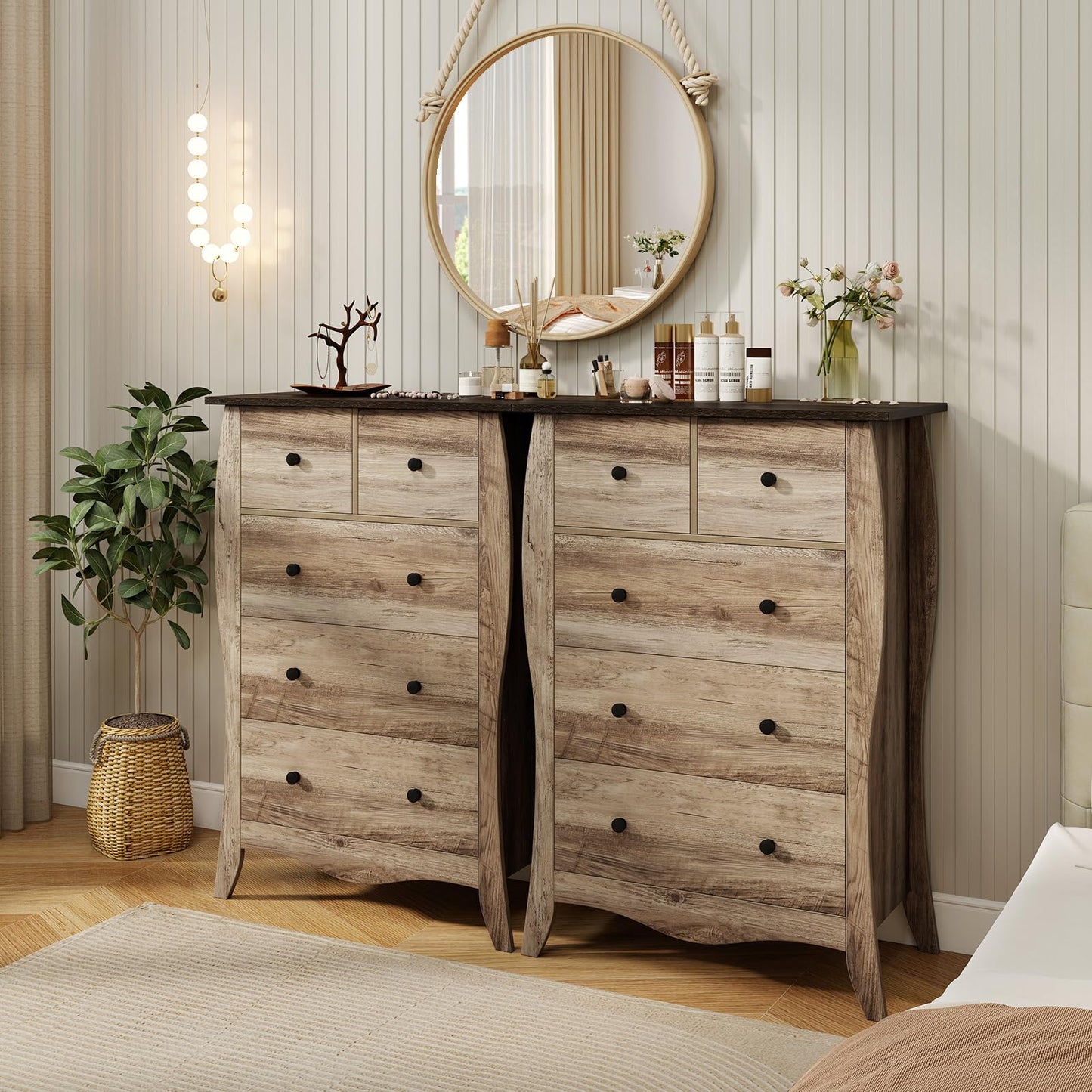 Farmhouse Chest of Drawers with 5 Folding Fabric Drawers and Anti-tipping Kit