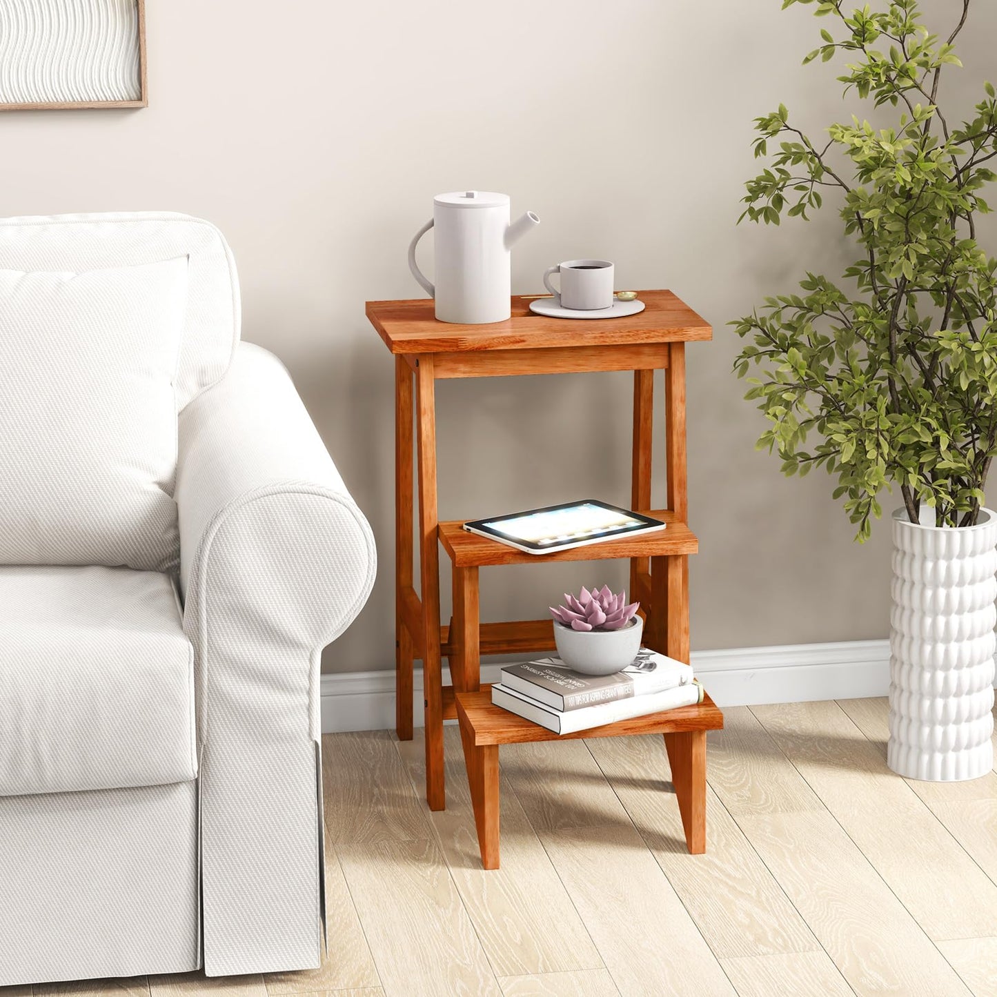 3 Tier Folding Step Stool Rubber Wood Ladder Chair with Handle