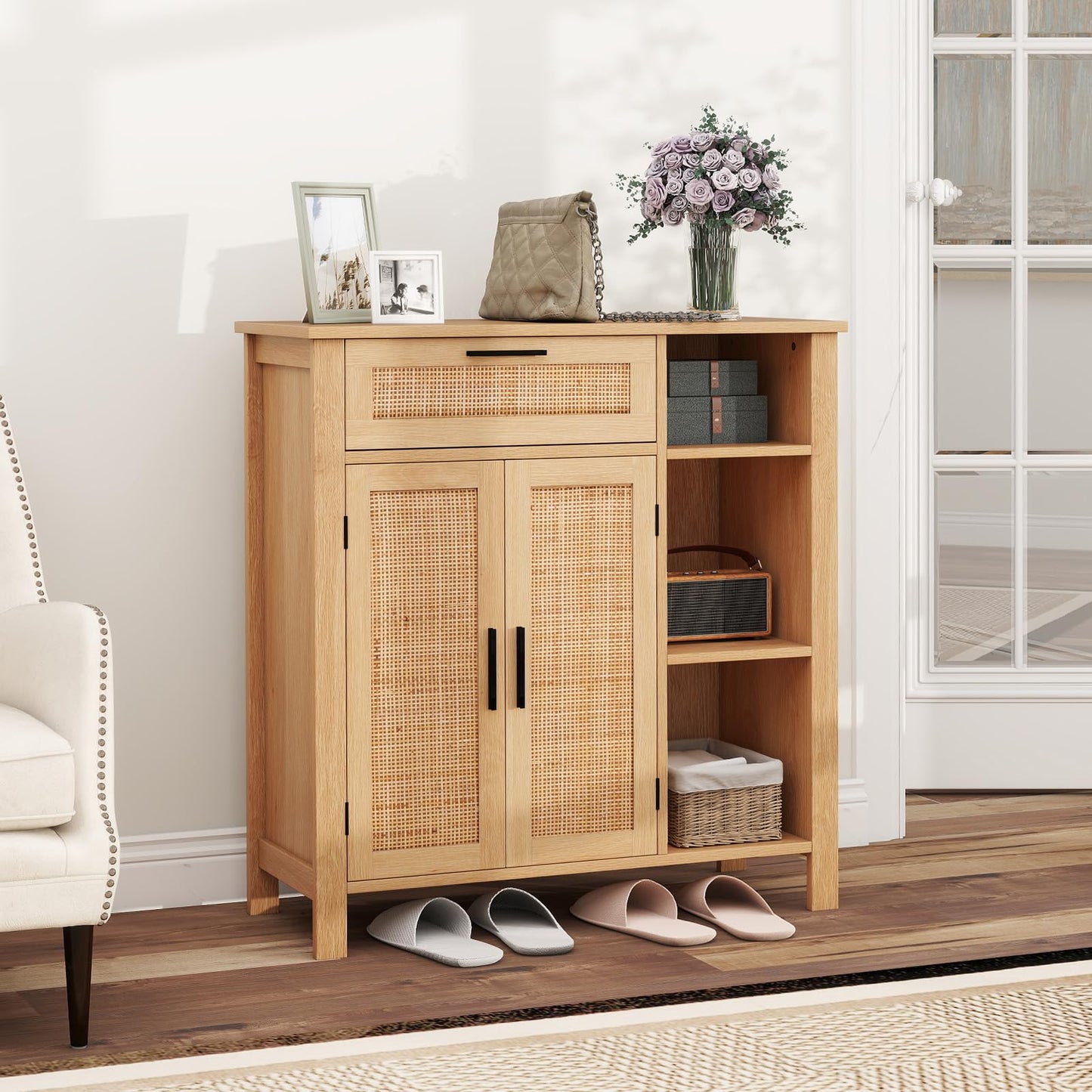 Buffet Sideboard with Rattan Woven Doors and Adjustable Shelf