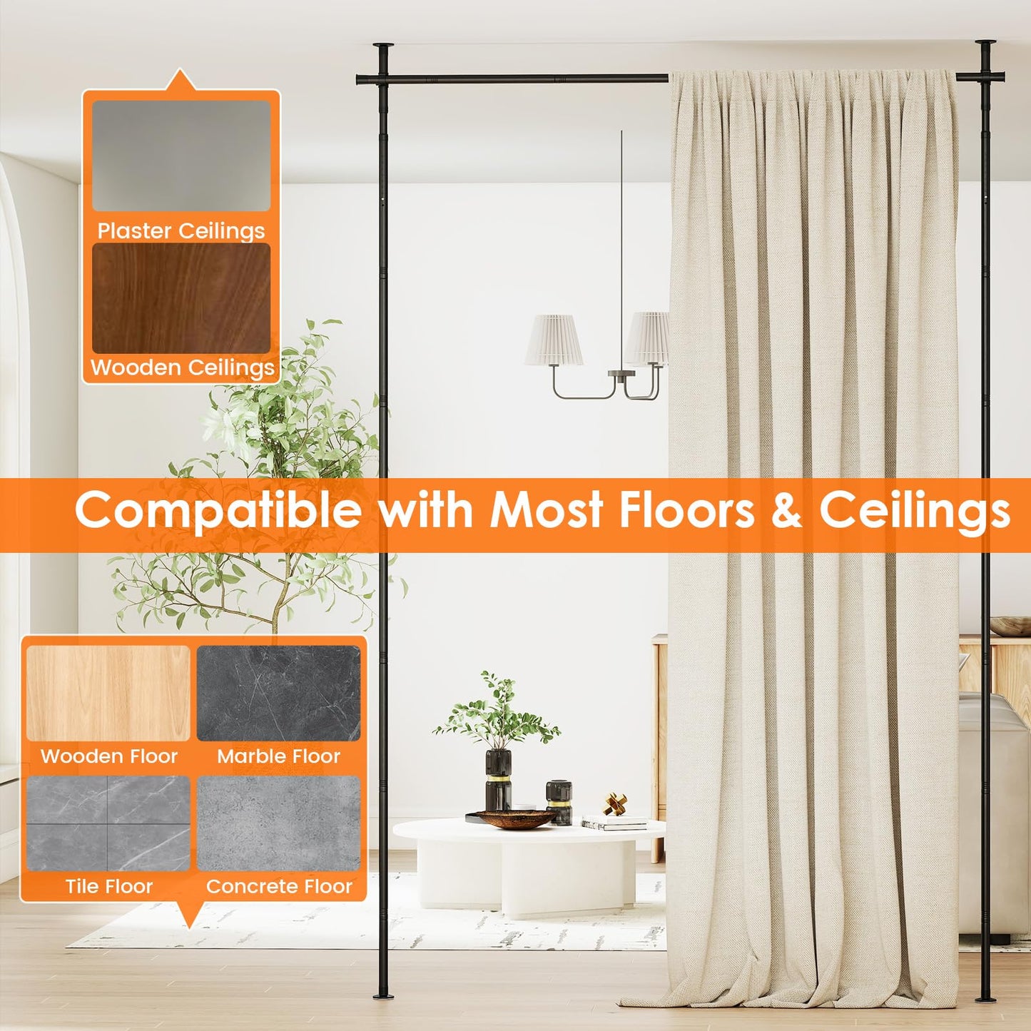 Room Divider Curtain Rod, No Drilling Adjustable Tension Rods Stand for Room Separation