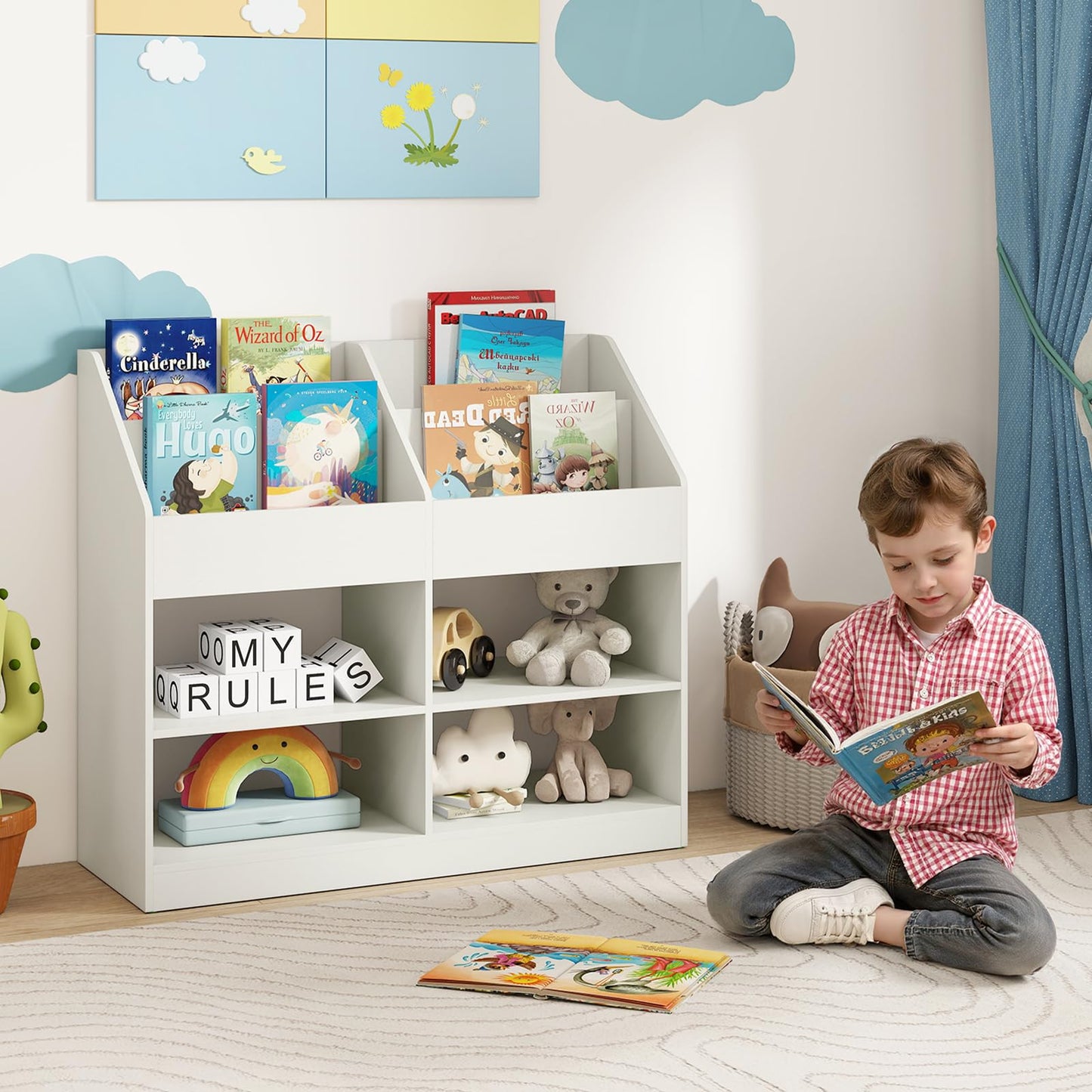 Kids Bookshelf, Wooden Toddler Toy Organizer