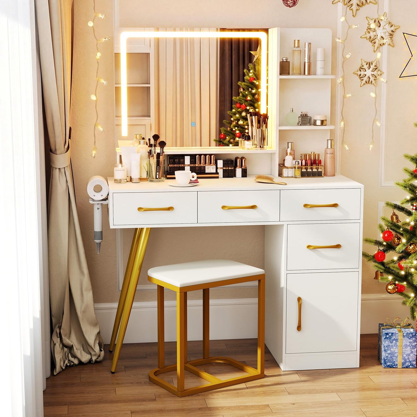 Dressing Table with LED Mirror and Stool, Makeup Table Vanity Desk Set