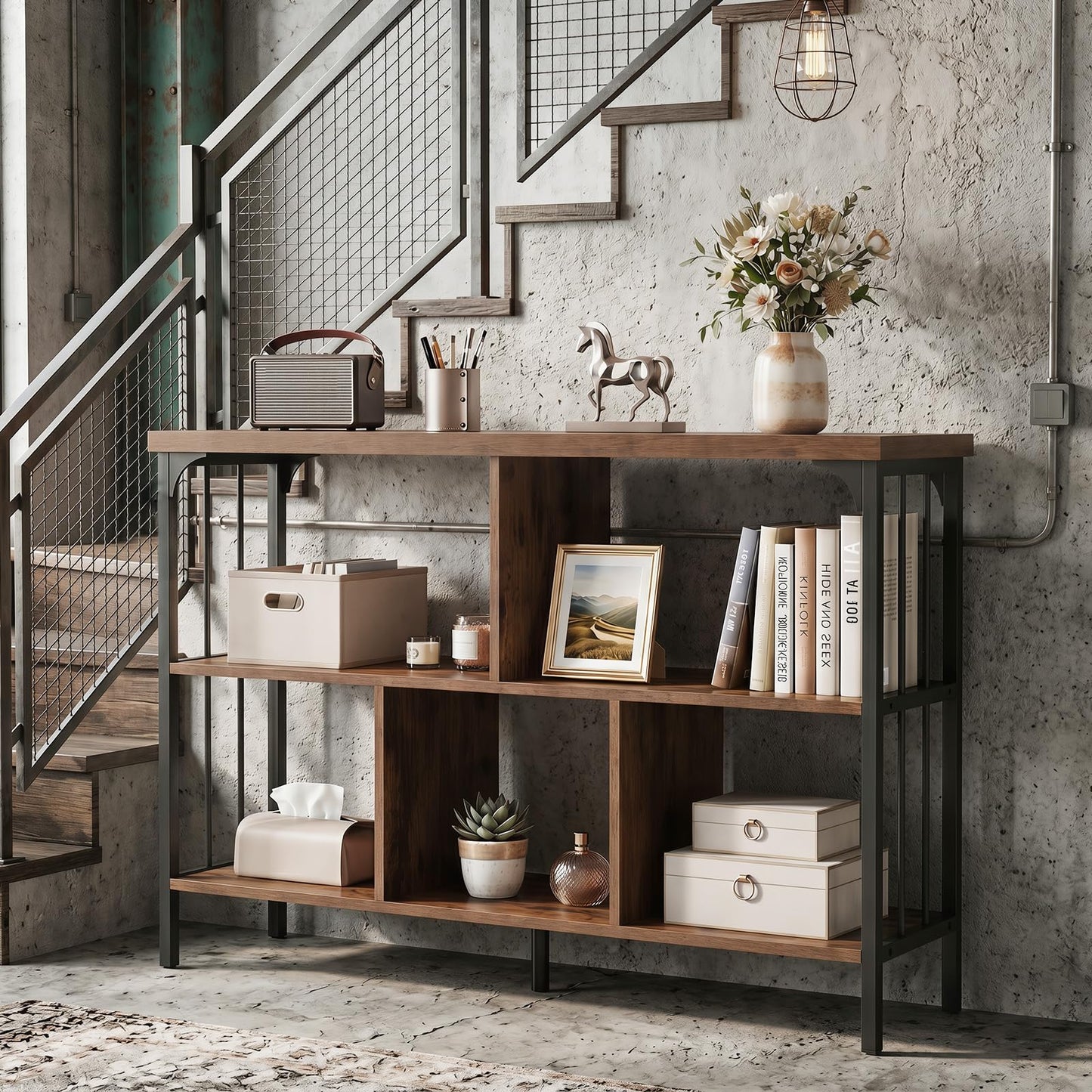 3-Tier Bookshelf with 2 Anti-Tipping Kits Metal Frame and Fencing