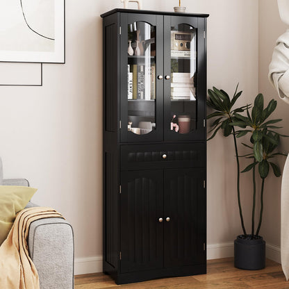 160cm Freestanding Linen Tall Bathroom Storage Cabinet with 2 Glass Doors