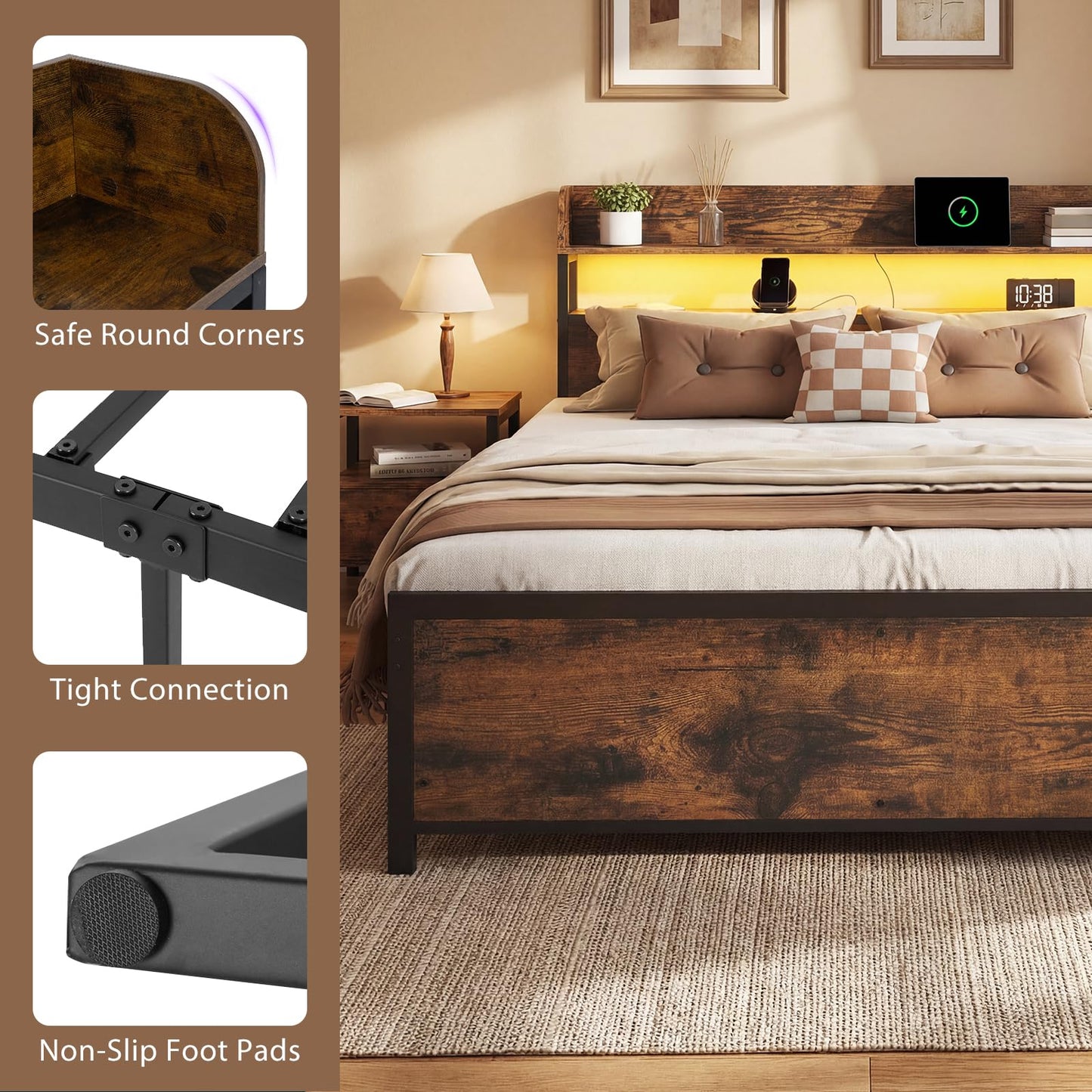 5FT King Size Bed Frame with RGB LED Lights, Charging Station