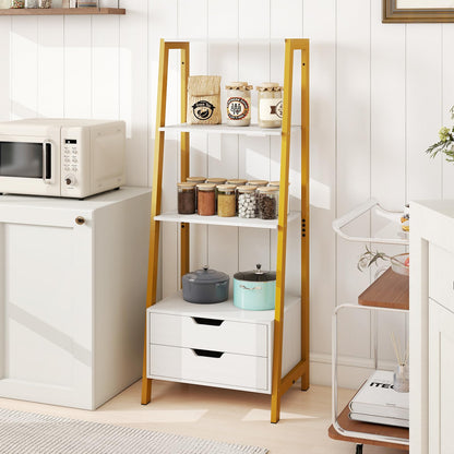 Ladder Bookshelf with Storage with 4 Open Shelves and 2 Drawers